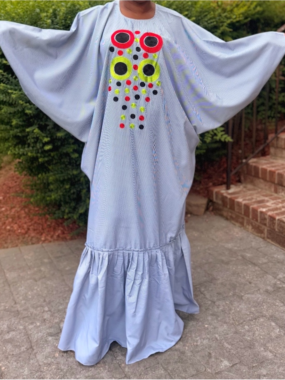 Handmade Stylish Light Blue Maxi Dress with Neon Dot Embellishment